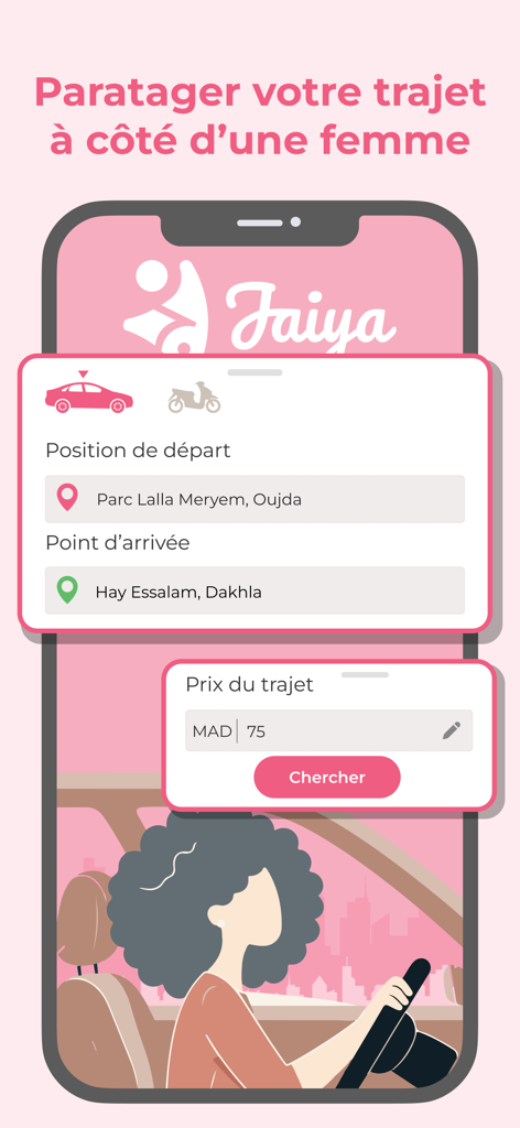 Jaiya - Mobile app interface for Jaiya showing a carpool request between women