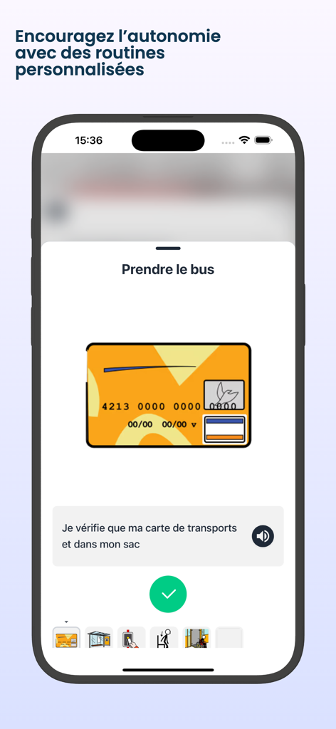 Pictalk Buddy: Autism Routine - Un horario visual en la aplicación Pictalk Buddy que muestra una rutina paso a paso para tomar el autobús con un pictograma de tarjeta de transporte.