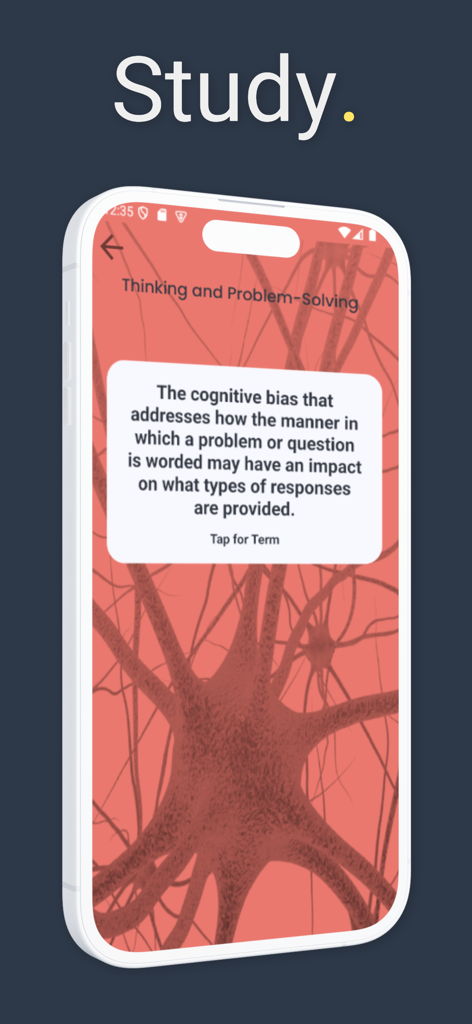 iScore5 AP Psychology - L'interfaccia di studio dell'app iScore5 AP Psychology con una flashcard sulla bias cognitiva