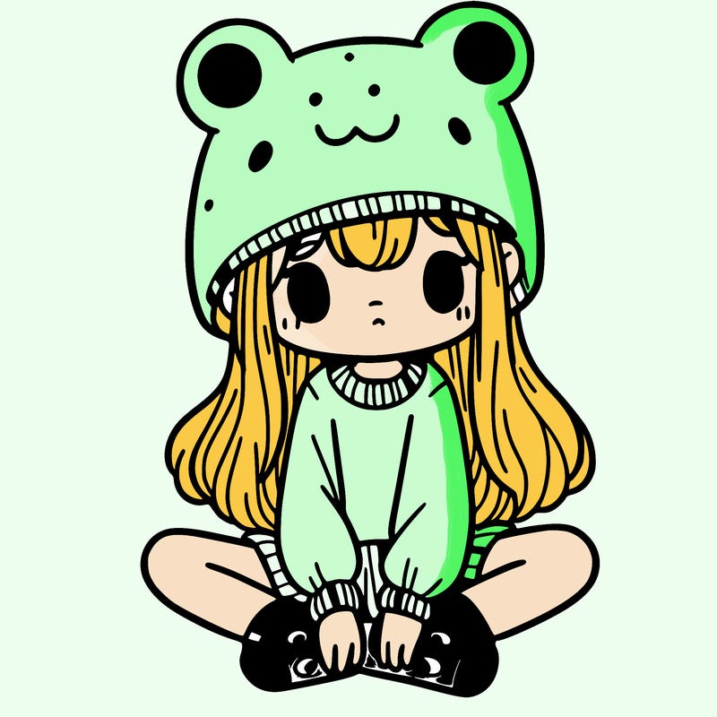 a girl wearing a frog hat and some frog socks