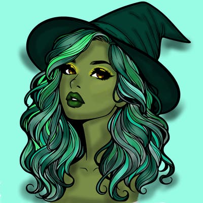 realistic witch girl with wavy hair and lips