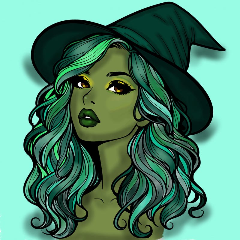 realistic witch girl with wavy hair and lips