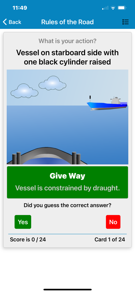 Marine Master Self Test - Pantalla de cuestionario de la aplicación Marine Master Self Test para identificar reglas náuticas de navegación y acciones de los buques