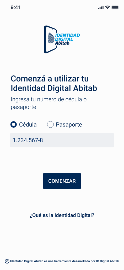 Identidad Digital Abitab - Login screen of the Identidad Digital Abitab app where users enter their Uruguayan identity card or passport number to start.