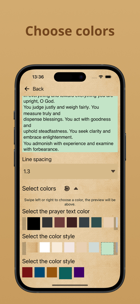 Mobile screen showing customization options for text color and line spacing in the Armenian prayer app