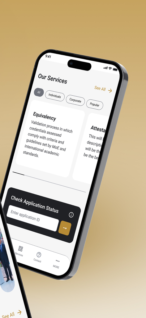 MOE UAE - MOE UAE app interface showing certificate equivalency services and application status tracking