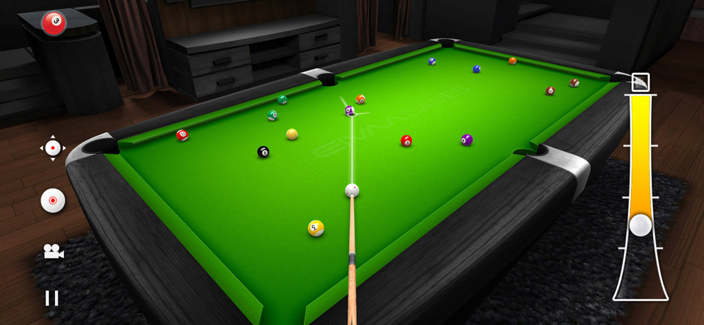A realistic 3D pool game interface showing a cue stick aiming at a white ball on a green billiards table