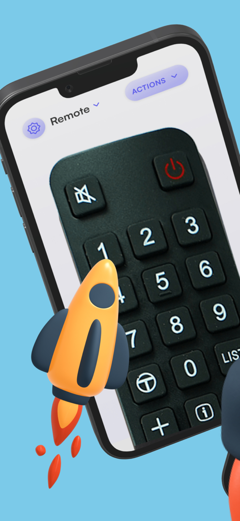 Une interface de télécommande numérique pour téléviseurs TCL affichée sur un écran d'iPhone avec un graphique de fusée