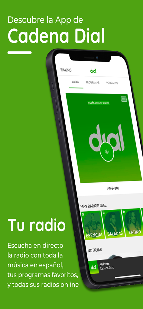 Cadena Dial Radio app on a smartphone showing live music streaming and thematic radio stations in Spanish