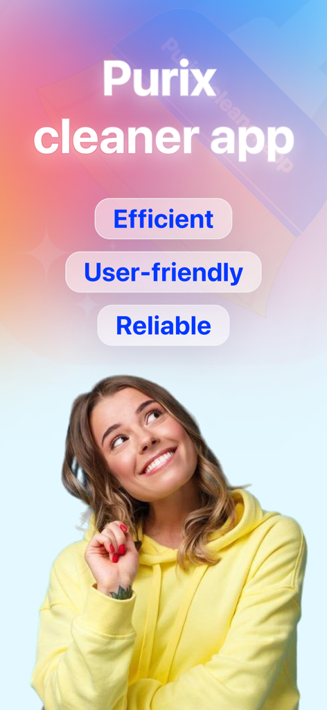 Pantalla introductoria de la aplicación limpiadora Purix con una mujer sonriendo destacando características como eficiente, fácil de usar y confiable