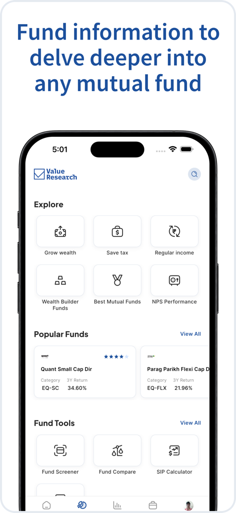Dashboard dell'app mobile di Value Research che mostra varie categorie di investimento e strumenti finanziari per fondi comuni indiani