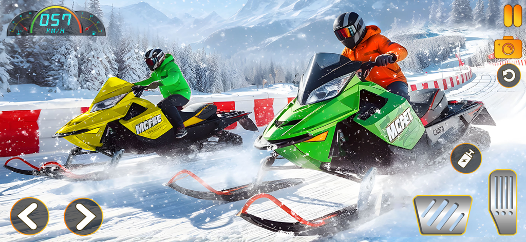 Extreme Snowmobile Racing Rush - Two riders racing on snowmobiles in a competitive winter mountain race with on-screen game controls