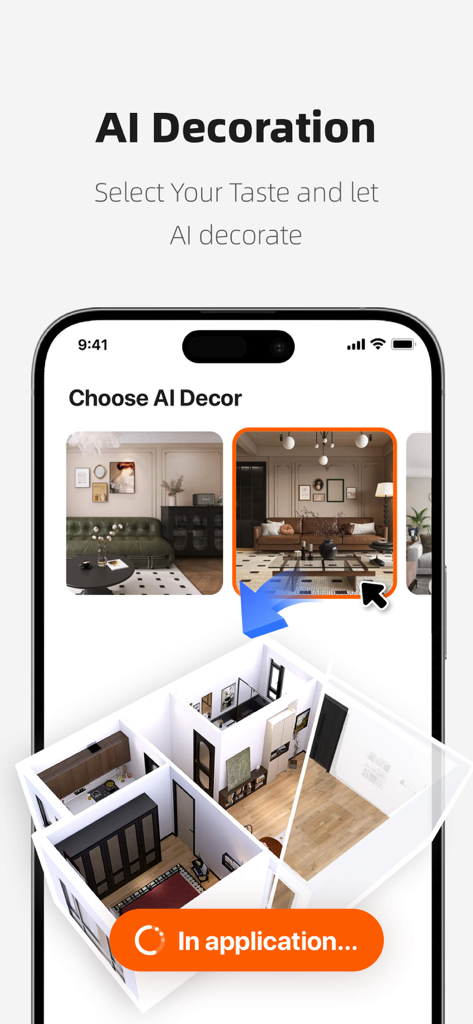 Schermata di un telefono che mostra la funzione di decorazione IA dell'app Homestyler con una planimetria 3D e selezione dello stile.