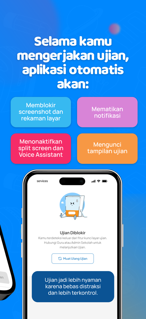 Pijar Sekolah: Siswa - Interface of the Pijar Sekolah Siswa app highlighting exam security features like screen lock and notification blocking