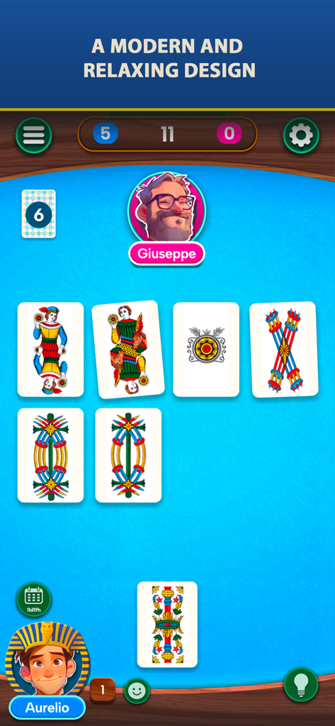 Scopa Classic - Captura de pantalla de la jugabilidad de Scopa Classic mostrando cartas regionales italianas tradicionales y una interfaz de usuario moderna.