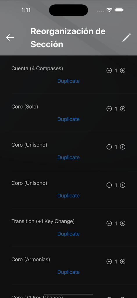 AdoraMúsica - Interface for reorganizing song sections in the AdoraMúsica app showing chorus and transition options