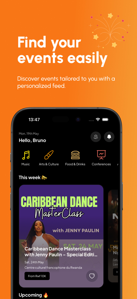 Sinc — Discover & Book Events - Sinc app home screen showing event categories and a personalized discovery feed for upcoming events