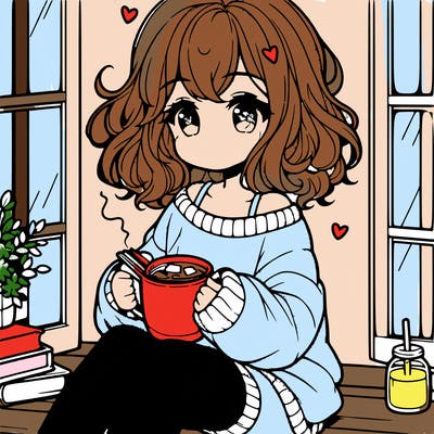cute anime girl reading book and drinking hot chocolate from mug with loose wavy hair wearing a baggy sweatshirt and shorts sitting by windowsill looking out