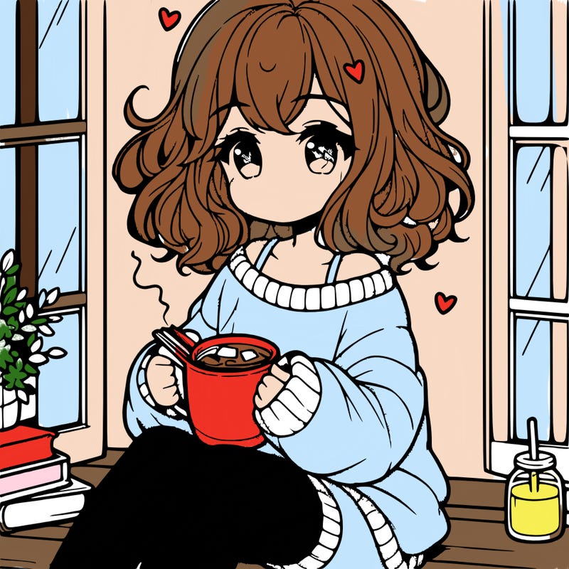 cute anime girl reading book and drinking hot chocolate from mug with loose wavy hair wearing a baggy sweatshirt and shorts sitting by windowsill looking out
