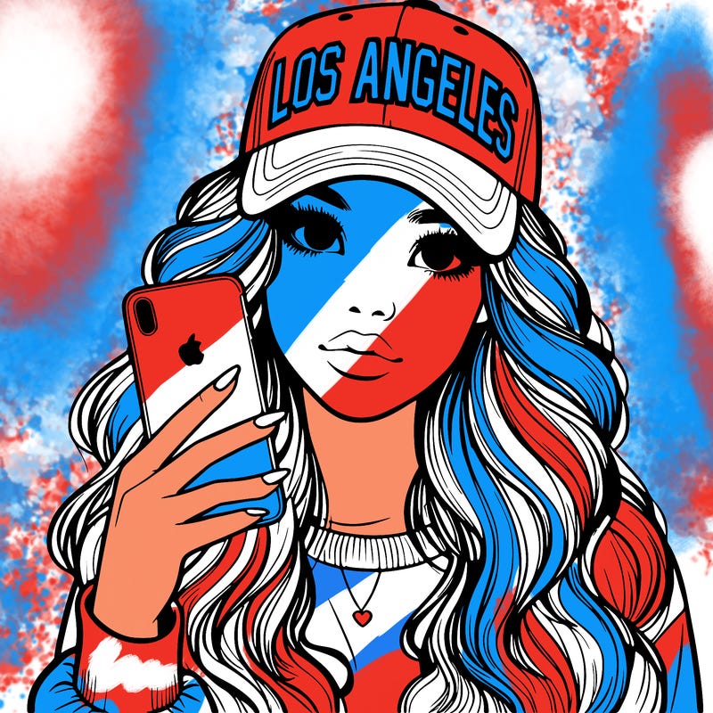 realistic beautiful girl wearing los ángeles cap holding an iphone