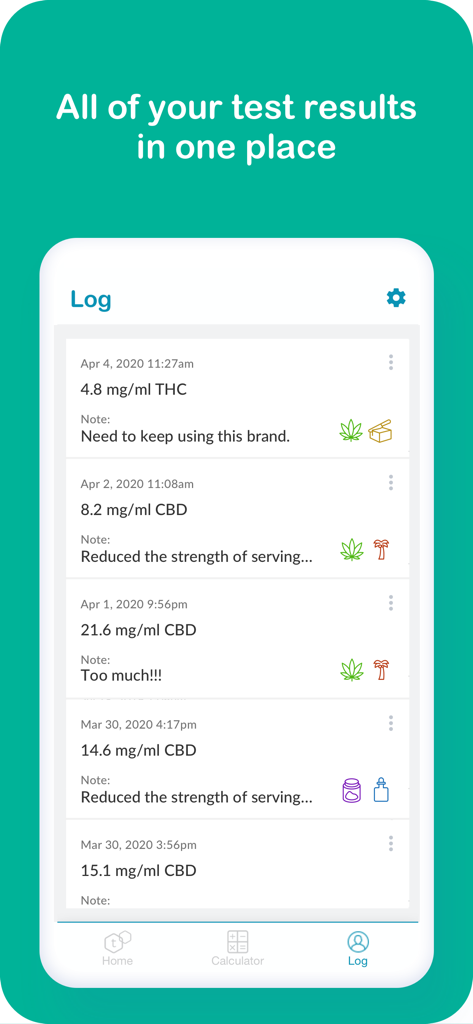 A screenshot of the tCheck app Log screen displaying a list of THC and CBD potency test results with personalized notes and dates.