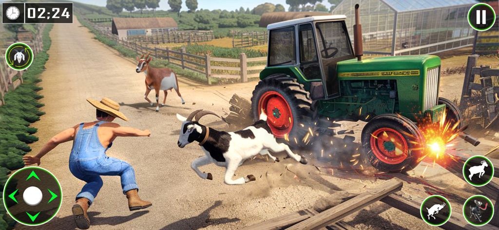 Angry Goat Simulator Game 3D - A superpowered goat crashing into a green tractor on a farm while a farmer runs away