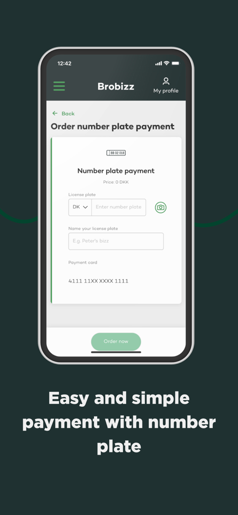 Brobizz-App-Bildschirm zur Registrierung eines Kennzeichens für die automatische Mautzahlung