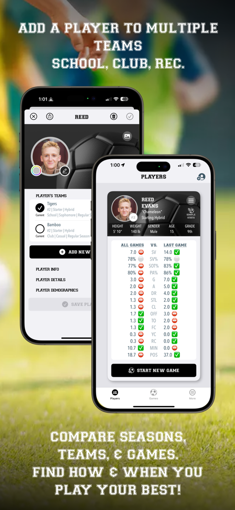 모바일 앱 화면에 축구 선수 프로필 및 경기 통계 비교가 표시됩니다.