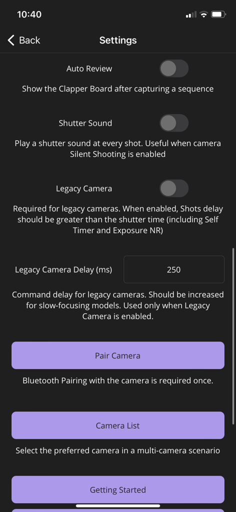 Alpha Focus Bracketing - The settings screen of the Alpha Focus Bracketing app displaying options for camera pairing and legacy camera configuration.