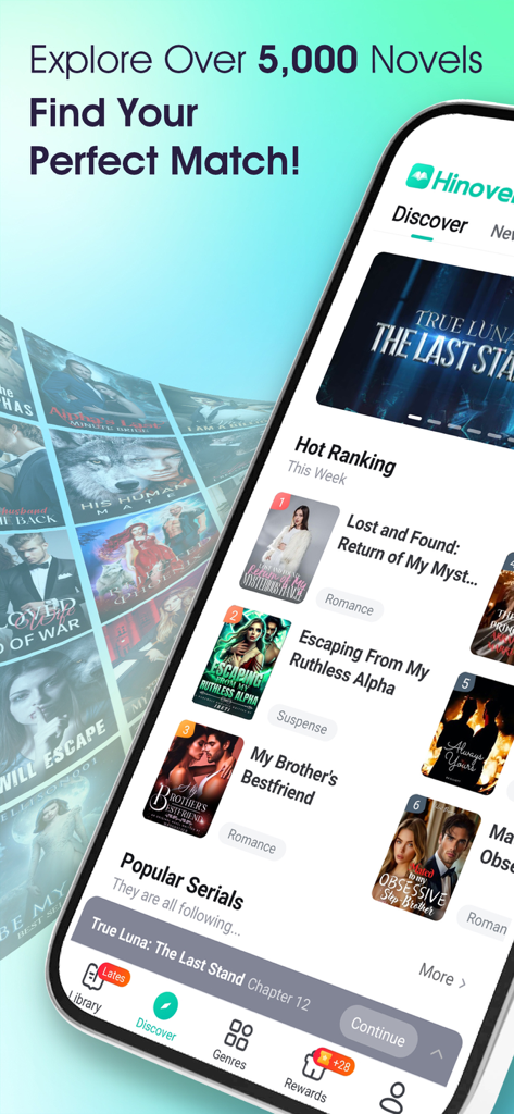 Hinovel app interface displaying a list of popular romance and supernatural web novels