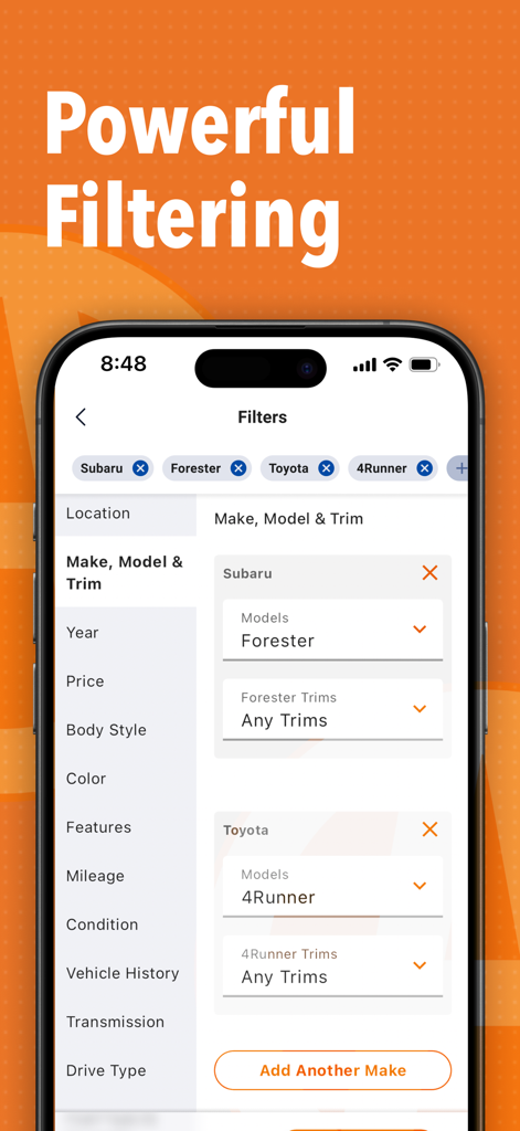 Autotrader – Shop All the Cars - Interface de l'application mobile Autotrader affichant des filtres de recherche avancés pour les marques et modèles de véhicules.