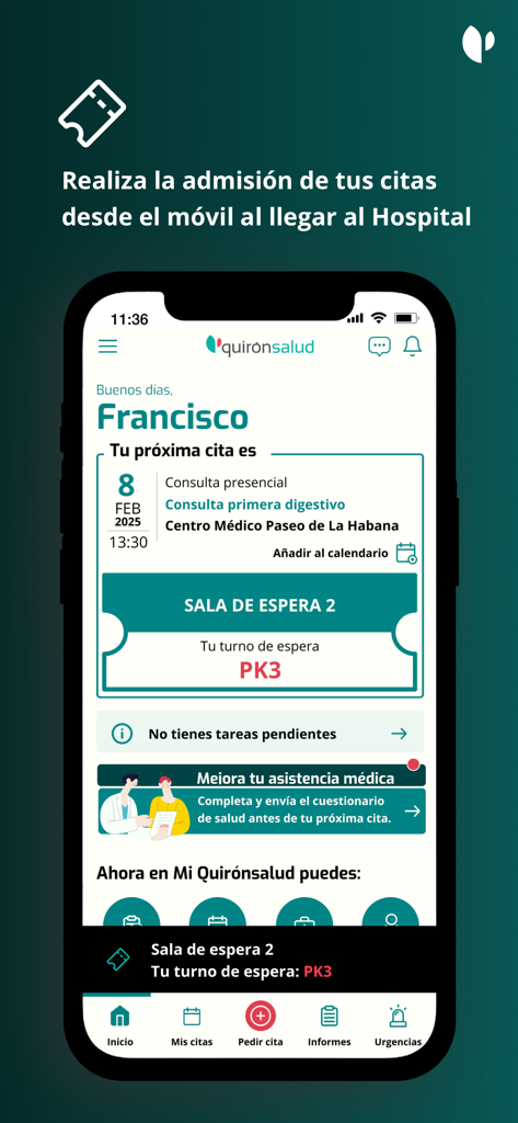 Quirónsalud - キロンサルー (Quirónsalud) のモバイルアプリインターフェース。デジタル患者チェックインと医療予約の待合室状況が表示されています。