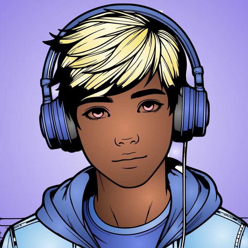 realistic teen boy wearing headphones and a hoodie