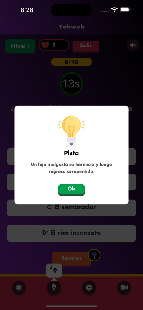 Juego Bíblico Yahweh - A hint pop-up in Spanish from the Yahweh Bible trivia app providing a clue about a biblical parable