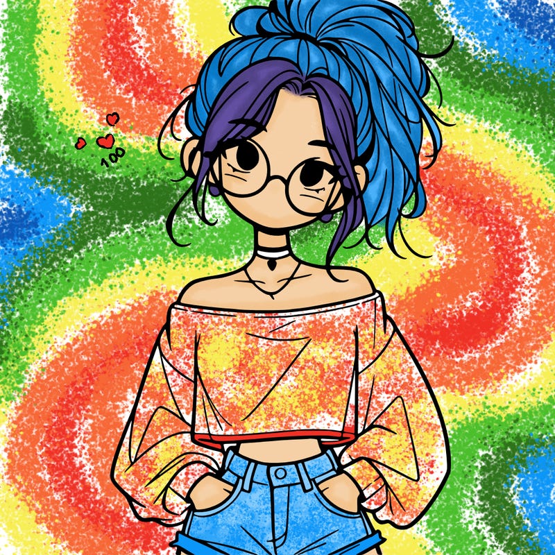 girl with a messy ponytail glasses a baggy crop top and jean shorts