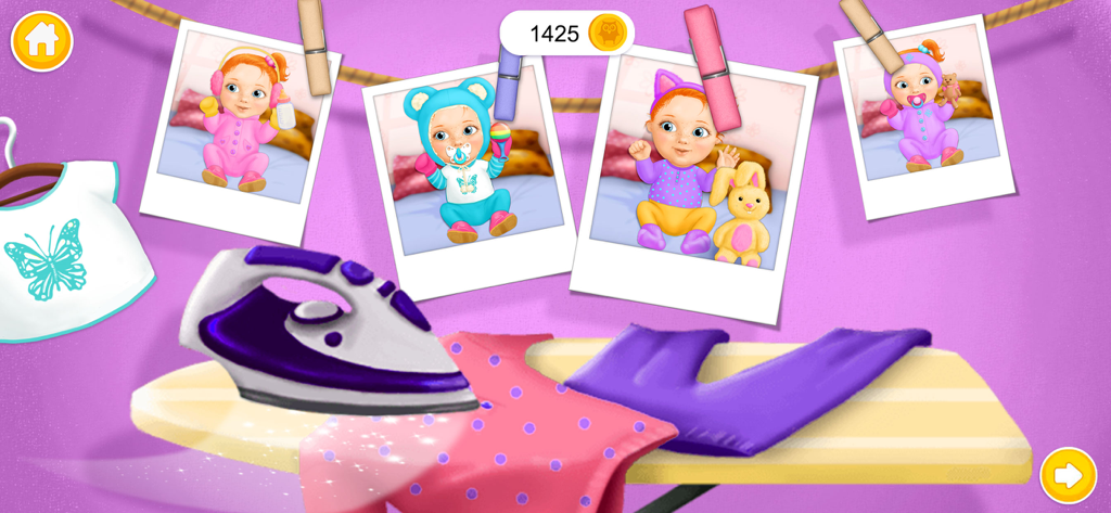 Sweet Olivia - Daycare 4 - 「スウィート・オリビア - デイケア 4」の赤ちゃんの写真の隣にある、アイロンと人形の服が置かれたアイロン台