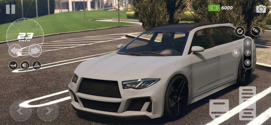 Pro Car Parking Simulation - A white station wagon parked in a realistic simulation environment with mobile driving controls on the screen.