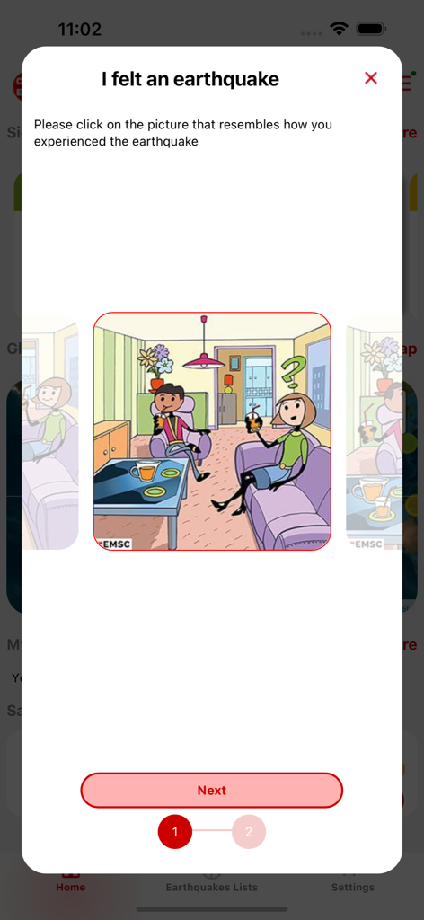 LastQuake - User interface of the LastQuake app asking users to select a picture representing their earthquake experience.