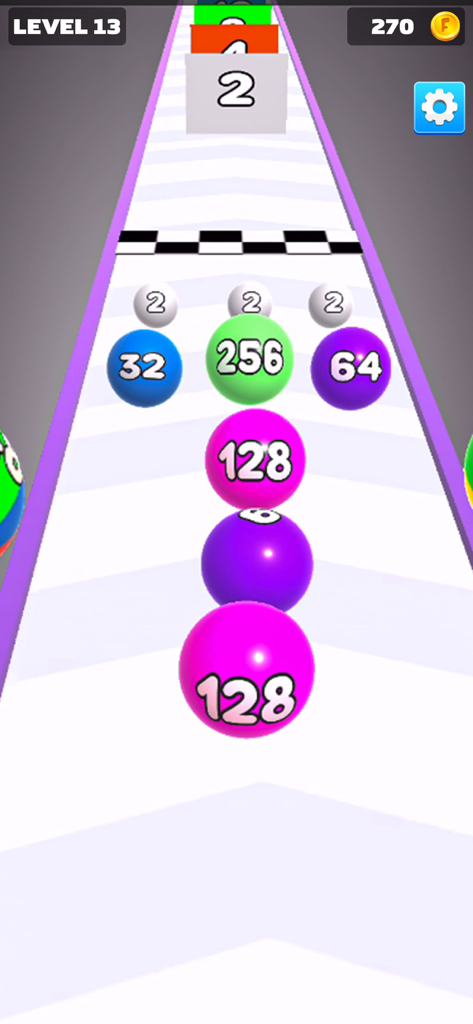 Colorful numbered balls merging on a 3D track in a level thirteen runner game