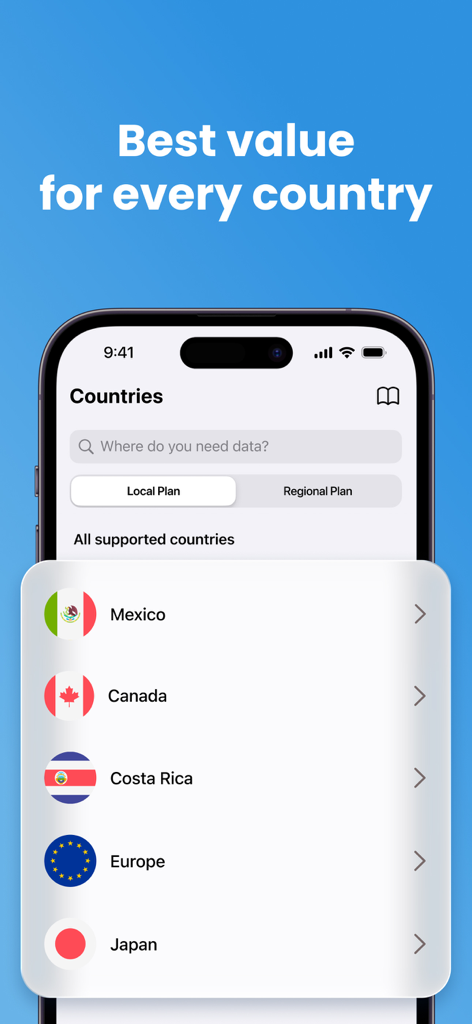 iPhone screen displaying international mobile data plans for various countries in the eSIM app