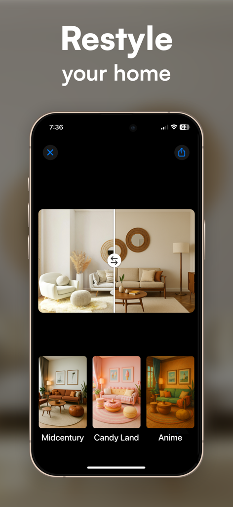 Roomly AI - Interior Design - Roomly AI app interface displaying a split screen of a room transformation and various interior design styles like Midcentury and Candy Land