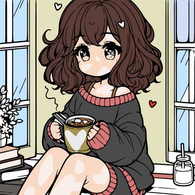 cute anime girl reading book and drinking hot chocolate from mug with loose wavy hair wearing a baggy sweatshirt and shorts sitting by windowsill looking out