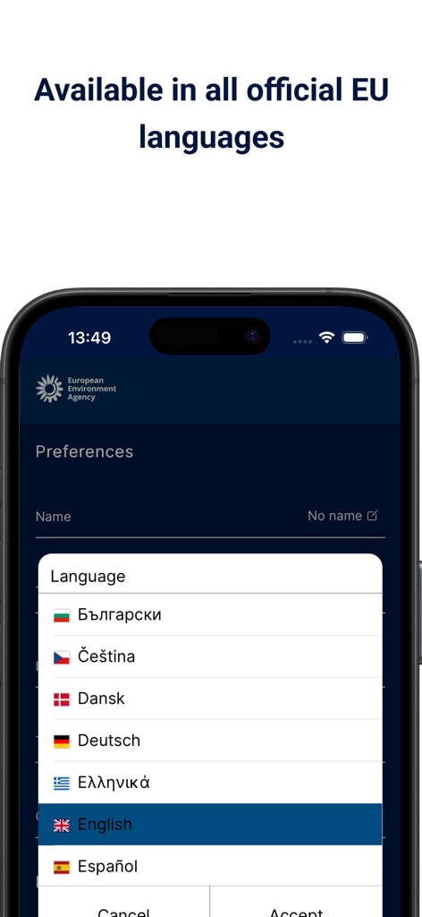 European Air Quality Index app language preferences showing official EU language options