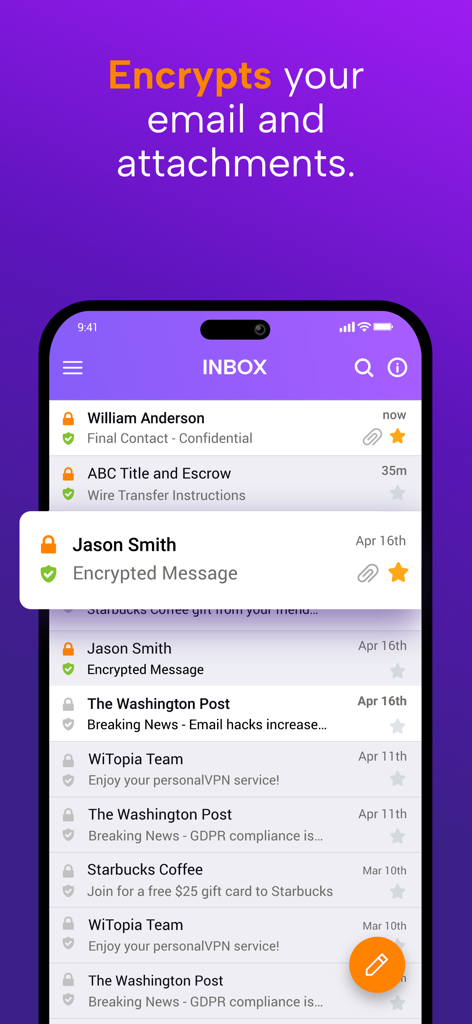 SecureMyEmail - SecureMyEmail mobile app screen showing an encrypted email inbox with lock icons and attachments
