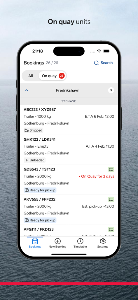 Freight Planner - La aplicación Freight Planner muestra una lista de reservas de carga con actualizaciones de estado y detalles del envío