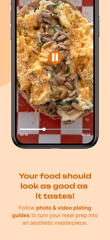 Mealpreper Guide: Plan & Cook! - Um guia de vídeo num smartphone mostrando como empratar comida de preparação de refeições para torná-la estética