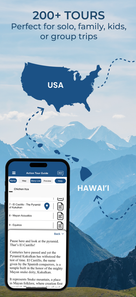 Action Tour Guide app interface showcasing over 200 tours across USA and Hawaii against a scenic mountain landscape.