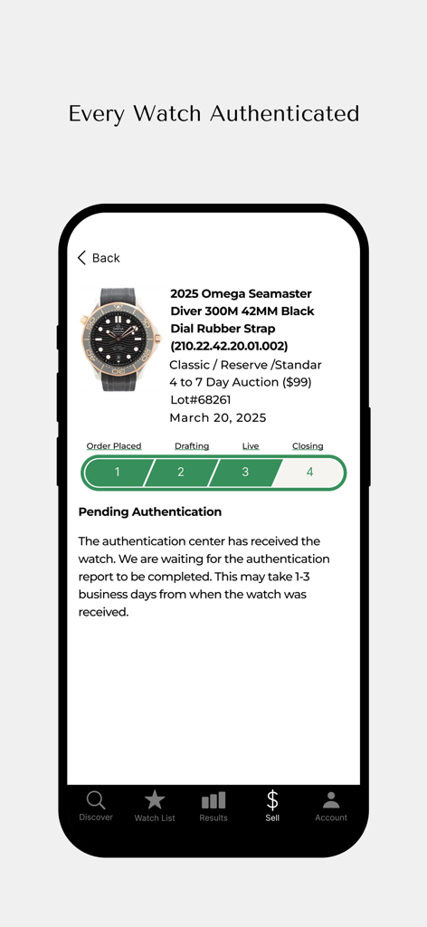 Grailzee app interface displaying the pending authentication status for an Omega Seamaster Diver 300M watch.