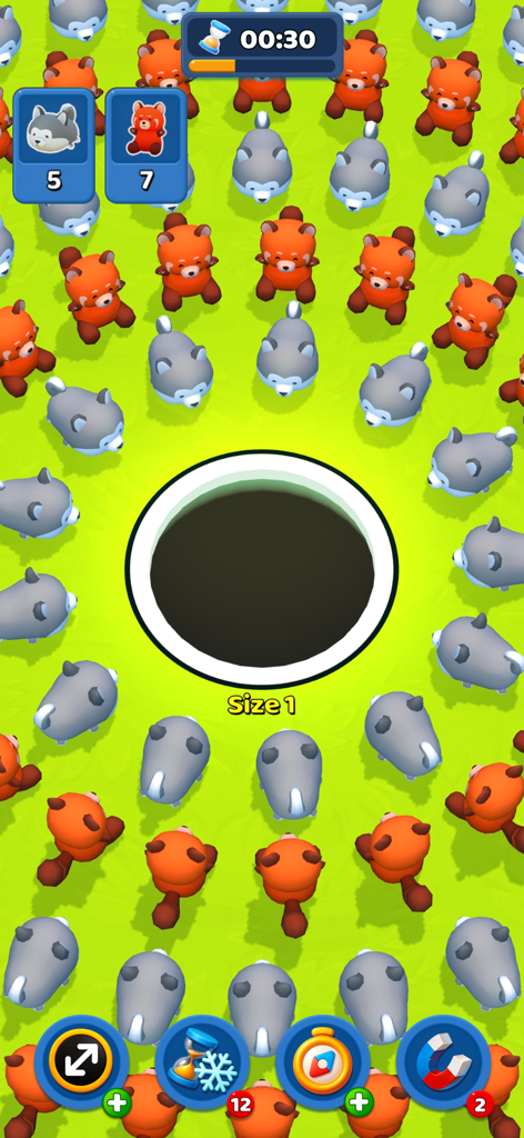 Black Hole - Eat Everything - Una buca nera al centro di un campo verde circondata da simpatici peluche di lupo e panda rosso da ingoiare entro un limite di tempo.