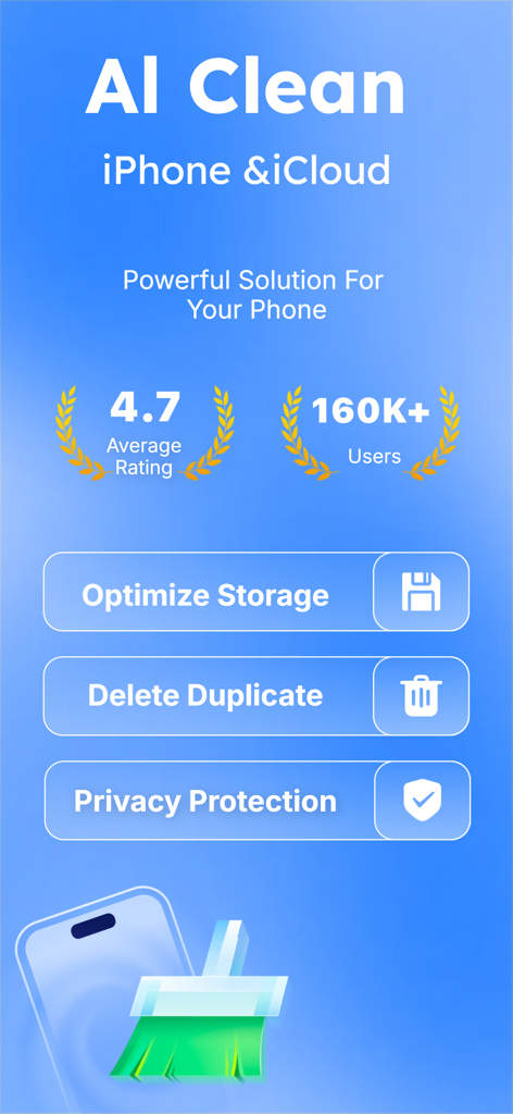 Cleanup guru - Speed Booster - Pantalla promocional de la aplicación Cleanup Guru destacando la limpieza con IA para iPhone e iCloud con funciones como optimización de almacenamiento y eliminación de duplicados.